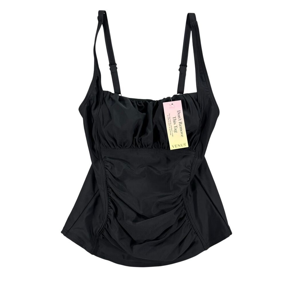 VENUS Black Ruched Tankini Swim Top Size 4 Tummy Control Adjustable Straps NWT